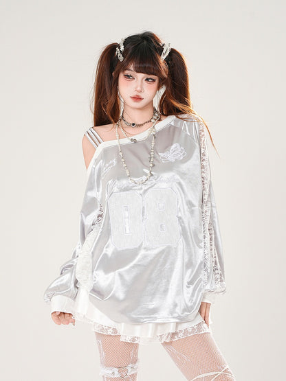 Asymmetrical Neckline Butterfly Embroidery Lace Patches Black/Silver Top