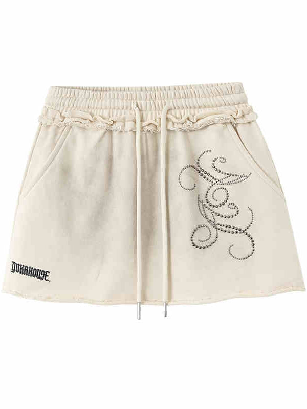 Wasteland Punk Beige Distressed Mini Skirt Elastic Waist with Drawstring