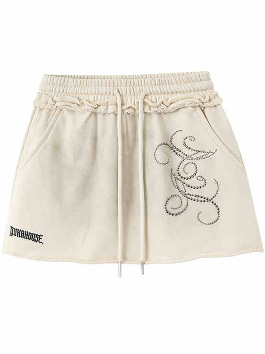 Wasteland Punk Beige Distressed Mini Skirt Elastic Waist with Drawstring