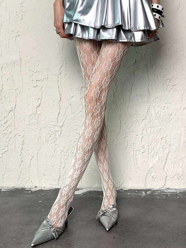 White Y2K Cut-out Design Floral Pattern Tights