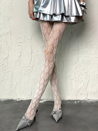 White Y2K Cut-out Design Floral Pattern Tights