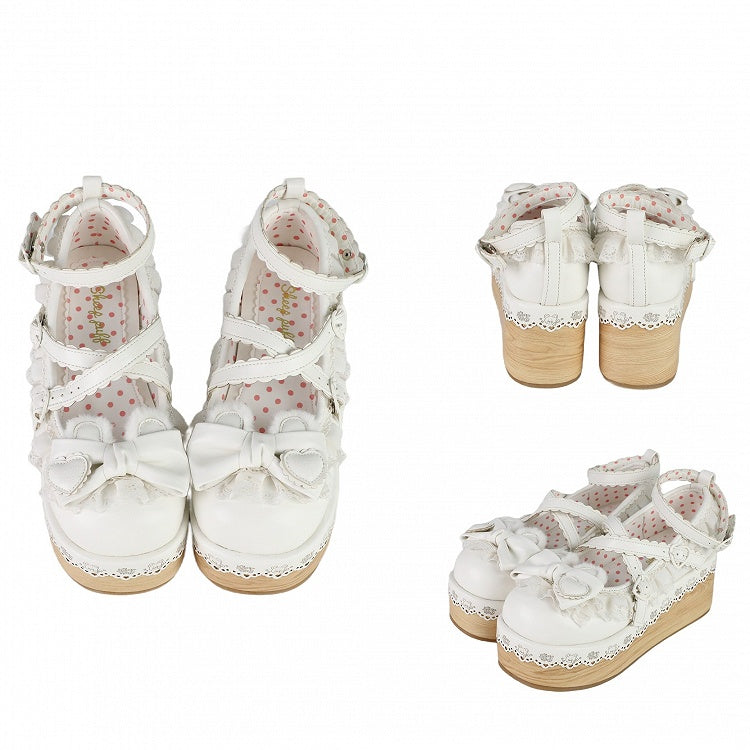 White Crisscross Design Bunny Ear Bow at Top Lace Trim Platforms