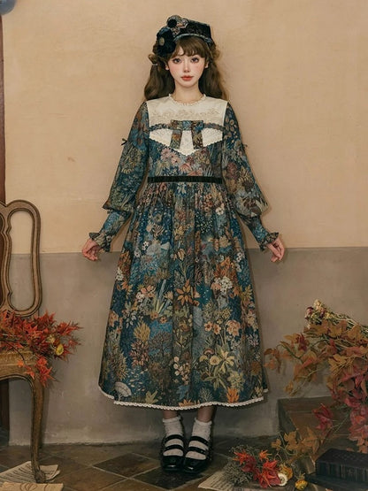 Green & Blue Floral Print Long-Sleeve Elegant Classic Lolita Dress with Waist Belt