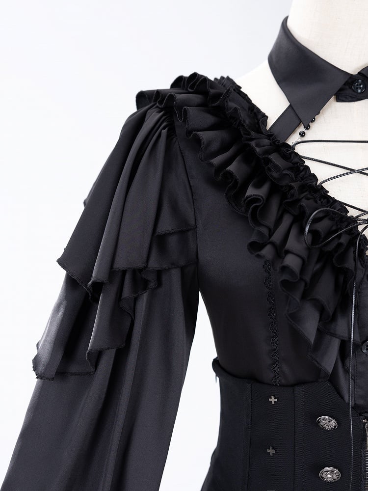 All Black Lace-up Ruffled V-neck Long Sleeves Backless Shirt