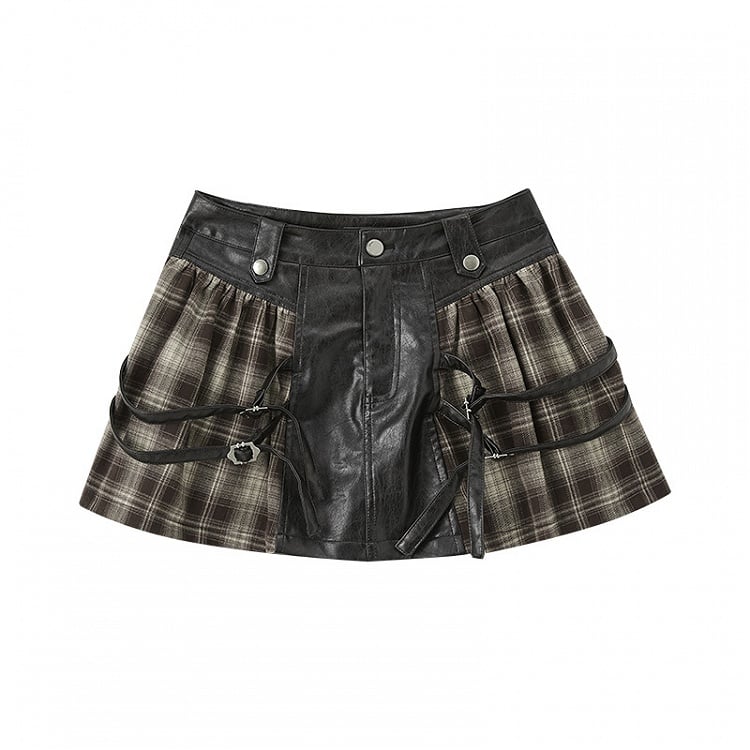 Millard Fashion Brown Plaid Patchwork Design Buckle Straps Vintage Punk PU Skirt