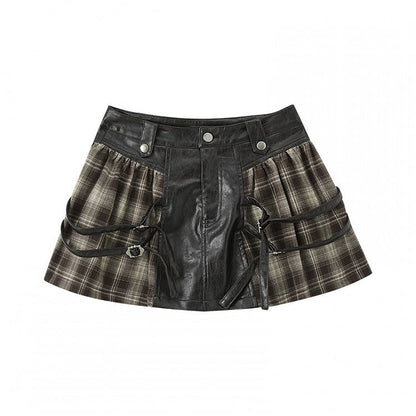 Millard Fashion Brown Plaid Patchwork Design Buckle Straps Vintage Punk PU Skirt