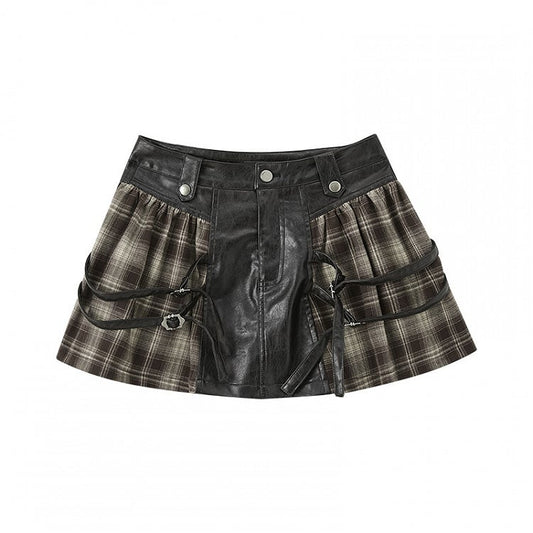 Millard Fashion Brown Plaid Patchwork Design Buckle Straps Vintage Punk PU Skirt