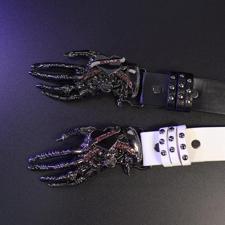 White/Black Gothic Studs Details Skeleton Hand Waist Belt