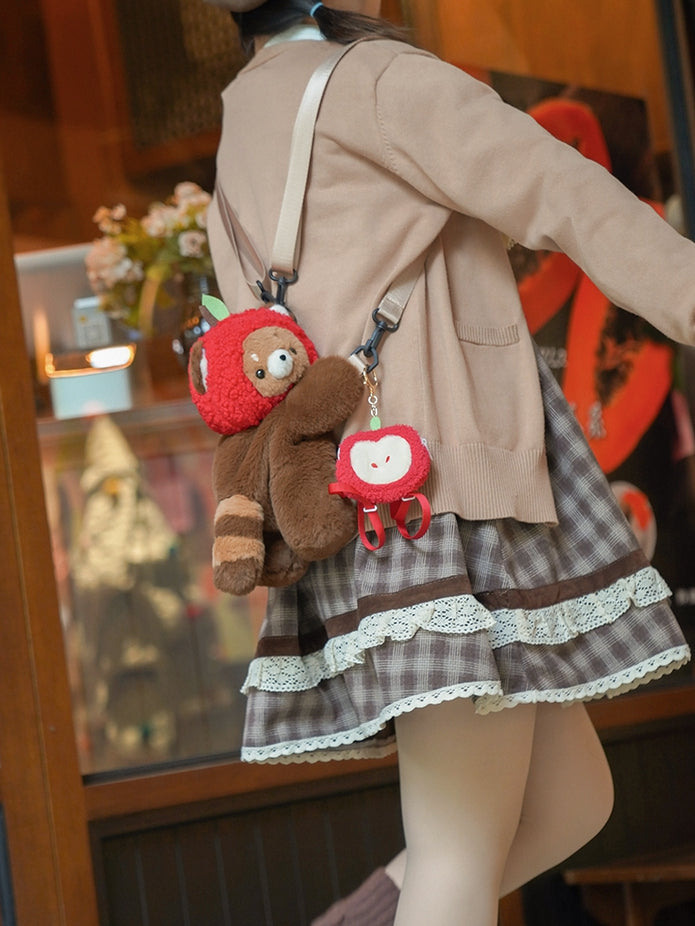 Cute Red Panda Brown 28/40 cm Plush Backpack/Crossbody Bag + Apple Hat + Red Panda/Apple Keychain