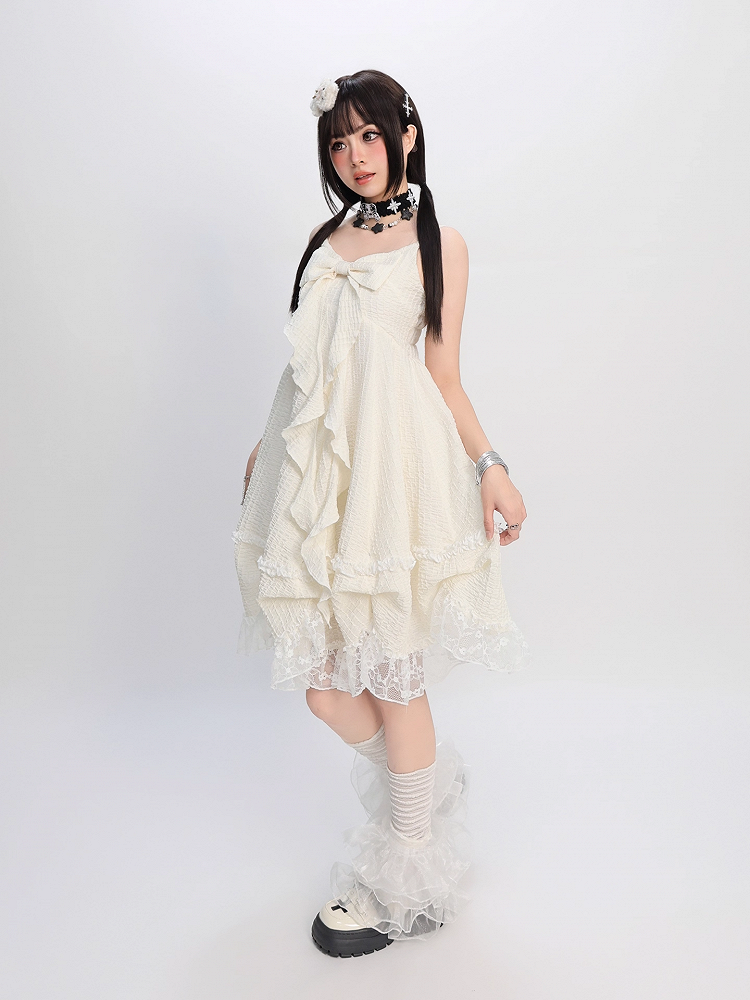 Apricot Big Bow Neckline Lace Trim Cami Dress Bubble Skirt