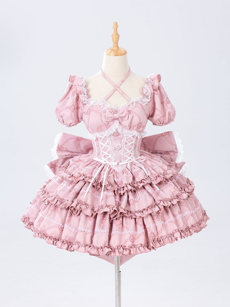 Pink Princess Corset Waist Dress Ruffle Skirt Lolita OP with Big Bow at Back