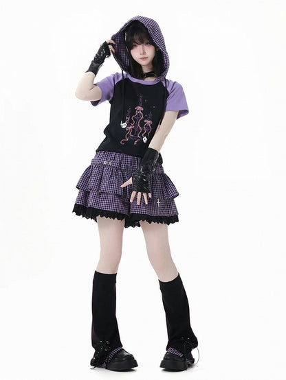 Purple Plaid Hem Black Lace-up Details Leg Warmers