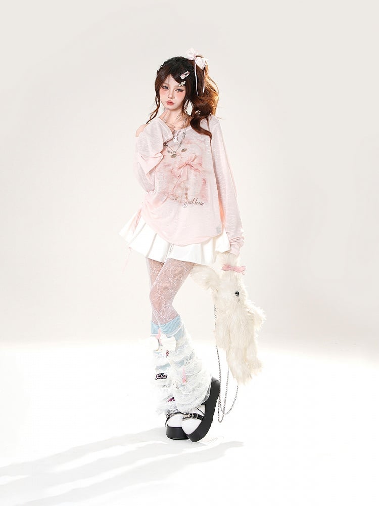 Adorable Kitten Print Asymmetrical Neckline Pink Semi-sheer Coverup