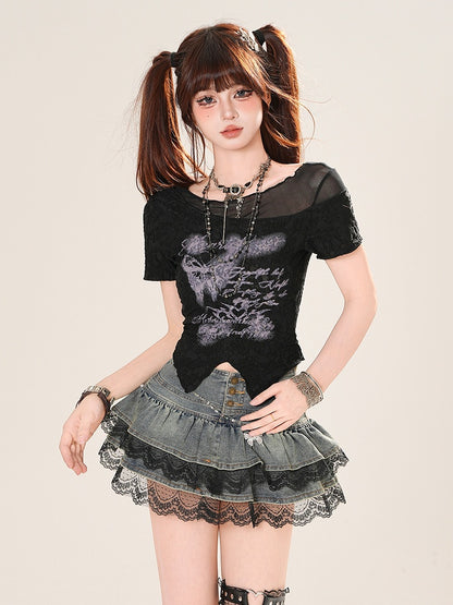 Butterfly Print Curved Hem Black Mesh T-Shirt