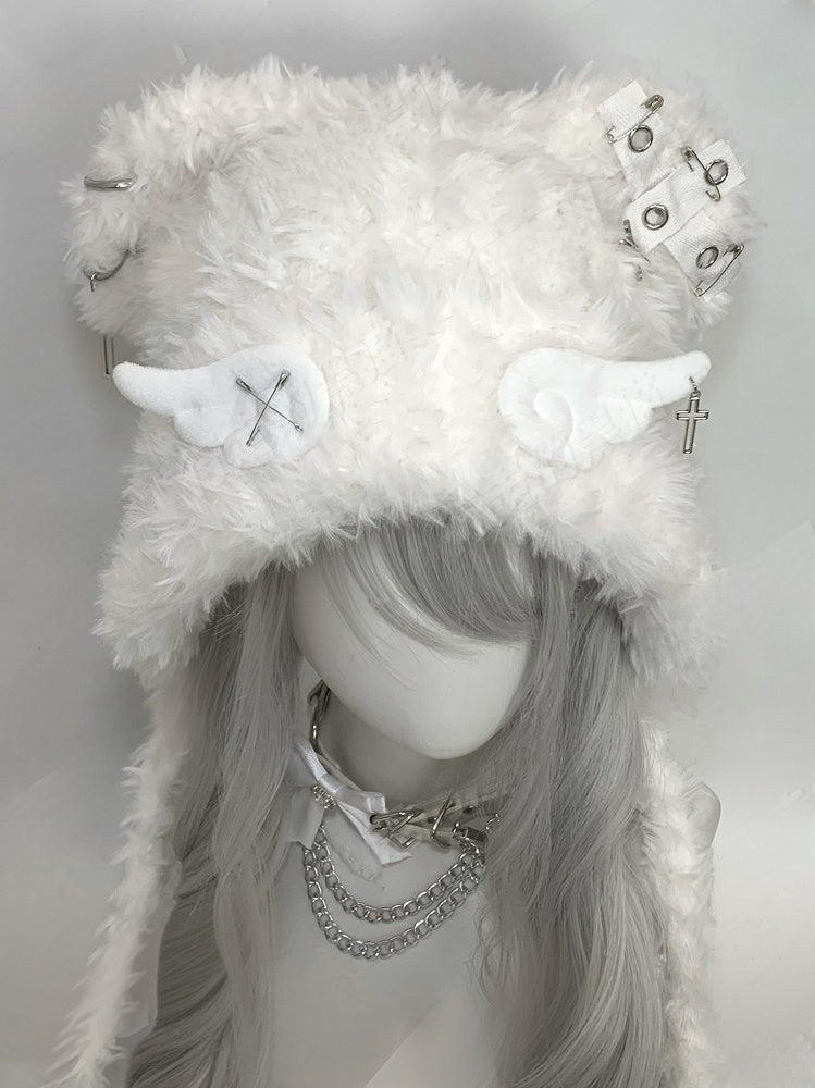 White Angel Wings Cross and Pins Cat Ear Plush Hat