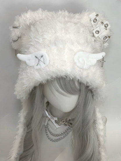 White Angel Wings Cross and Pins Cat Ear Plush Hat