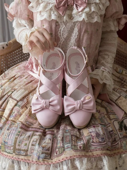 Sweet Lolita Pink Platforms with PU Leather, Wood Pattern Sole & Crisscross Details