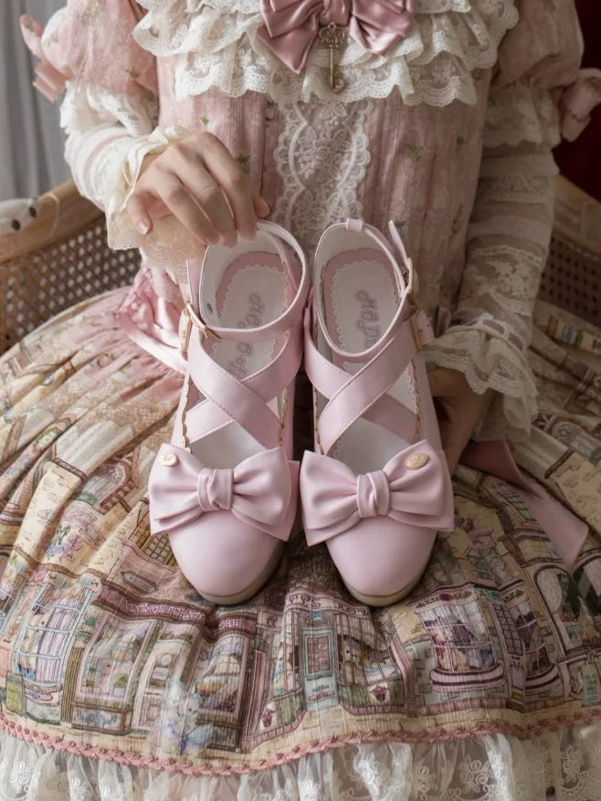 Sweet Lolita Pink Platforms with PU Leather, Wood Pattern Sole & Crisscross Details