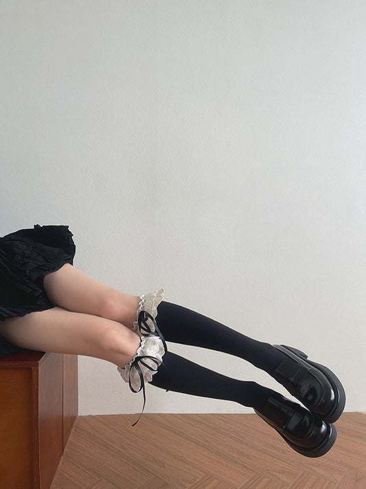 White/Black Bowknot Details Double-layer Lace Underknee Stockings