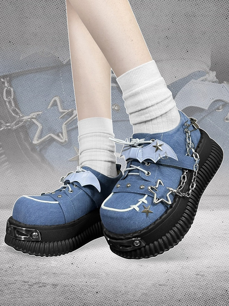 Star-shaped Studs and Chains Gothic Blue Bat Wings Platforms Punk Shoes