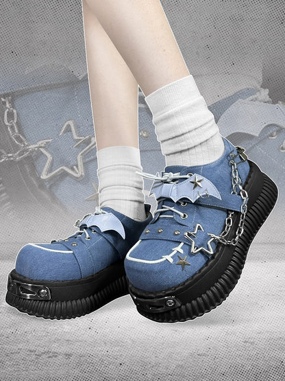 Star-shaped Studs and Chains Gothic Blue Bat Wings Platforms Punk Shoes