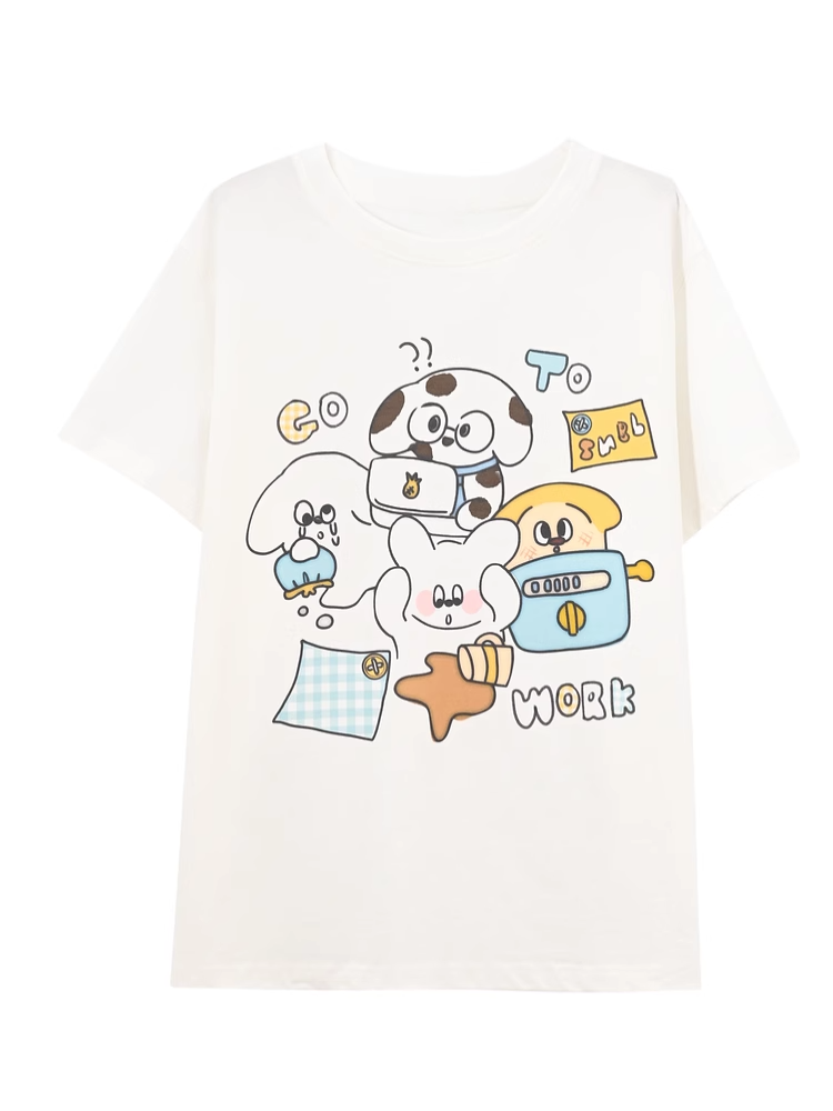 Adorable Animal Print White Round Neck Loose Cotton T-shirt