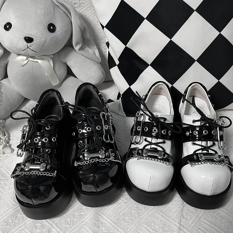 Jirai Kei Polished Black Y2K Bone Design Buckle Strap Platform Shoes
