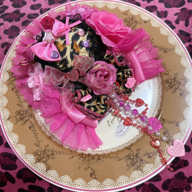 Black&Pink Rhinestone Decorated Floral Design Beaded Chain Leopard Pattern Lace Trim Mini Hat