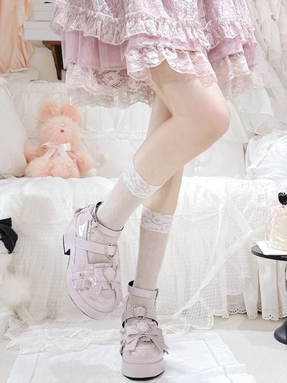 Jirai Kei Polished Pink Rhinestone Heart Decorated Lace-up Details Platform High Block Heels