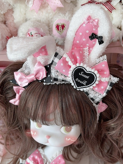 3 Color Options Polka-dot And Plaid Pattern Bowknot Details Plush Bunny Ear KC