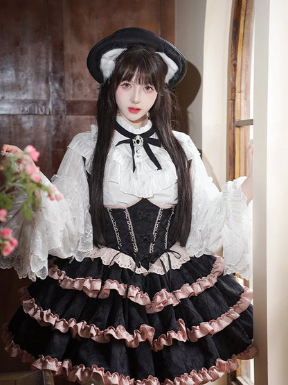 Black and Pink Boned Corset Waist Ruffle Skirt Lolita Dress with Large Bow Back