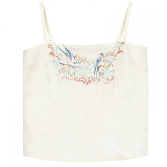 Floral and Bird Embroidery Apricot Cami Top