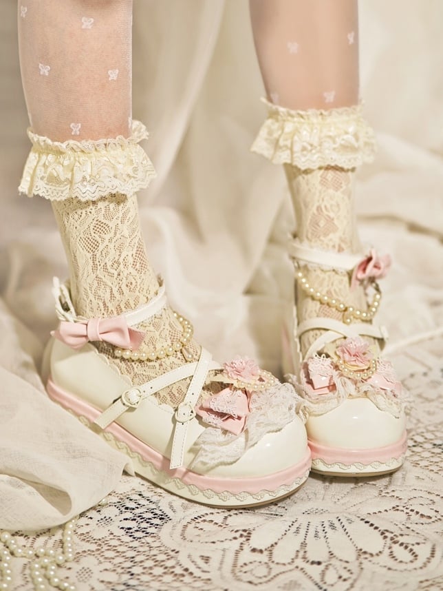 White Floral Design Bow at Top Lace Trim Heart Buckle Platforms With Detachable Beaded Chain