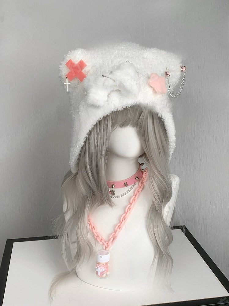 Blue/Pink Cross and Pin Accents Bear Ear Plush Hat with Bone and Star Plushie