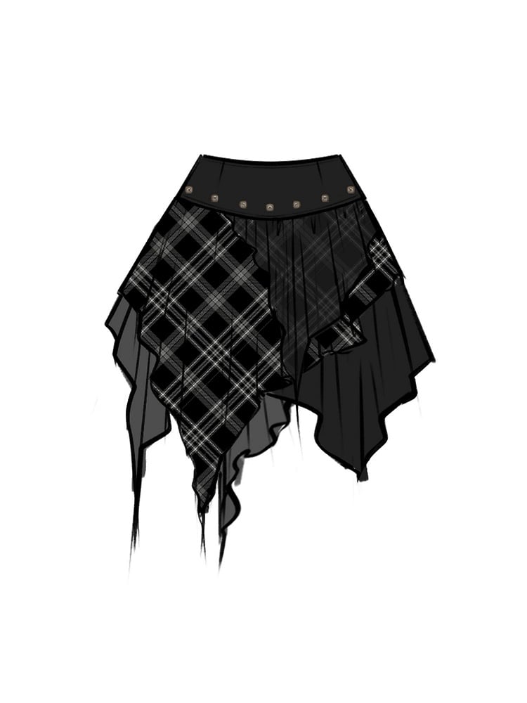 Plus Size Black Plaid Patchwork Handkerchief Hem Skirt with Star Embroidered Lace Layer