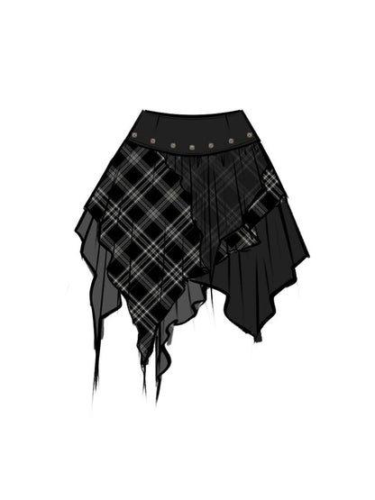 Plus Size Black Plaid Patchwork Handkerchief Hem Skirt with Star Embroidered Lace Layer
