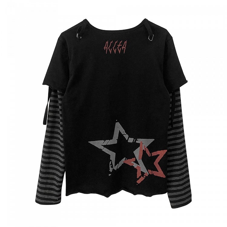 Black Skeleton and Star Print Punk Rock Cotton Top Faux Two-pieces