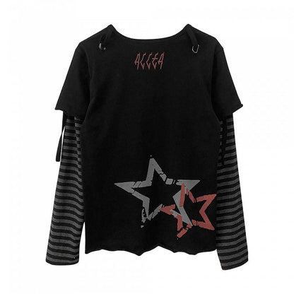 Black Skeleton and Star Print Punk Rock Cotton Top Faux Two-pieces