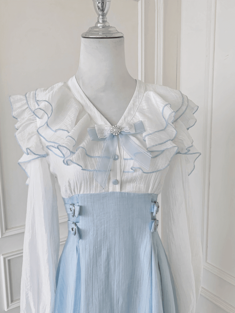 Jirai Kei Light Blue Tiered Flounce Hem Neckline Cutout Shoulder Dress with Bowtie