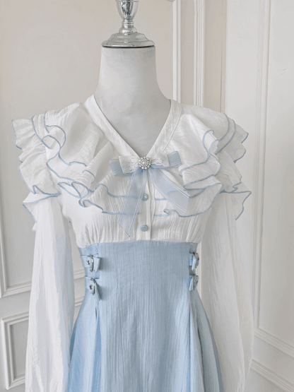Jirai Kei Light Blue Tiered Flounce Hem Neckline Cutout Shoulder Dress with Bowtie