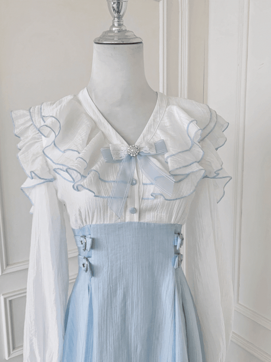 Jirai Kei Light Blue Tiered Flounce Hem Neckline Cutout Shoulder Dress with Bowtie