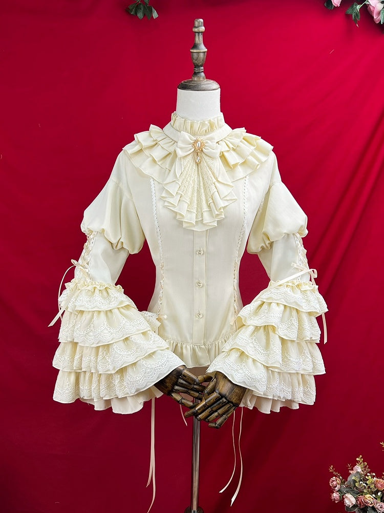 Apricot Ruffle Neckline Layered Bell Sleeves Gothic Lolita Shirt with Jabot Tie
