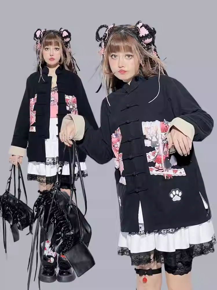 Black Cartoon Anime Print Banded Collar Oversized Top