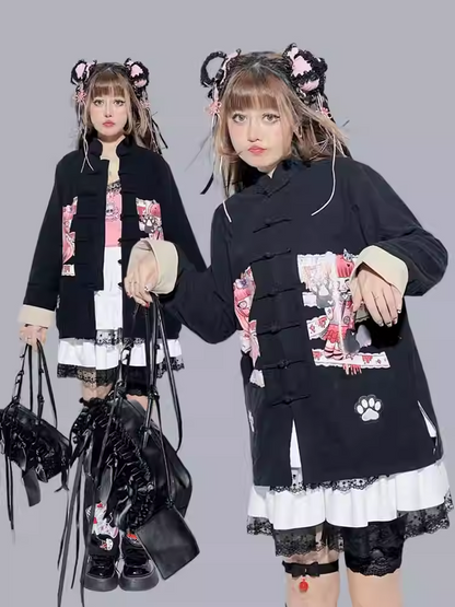 Black Cartoon Anime Print Banded Collar Oversized Top