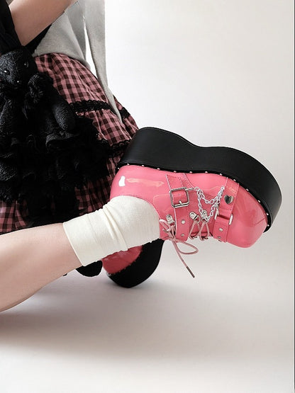 Watermelon Red Y2K Bittersweet Studs Details Chain Charm Front Lace-up Ties Platforms