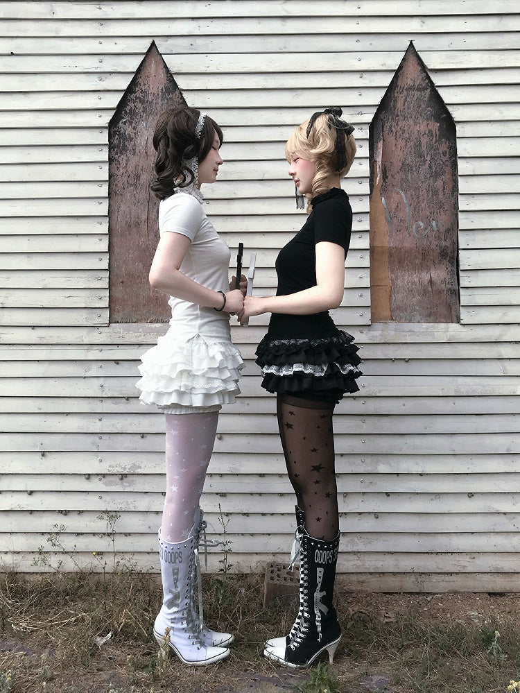 Gothic Black/White Elastic Waist Tiered Cross Lace Trim Bloomers Skort