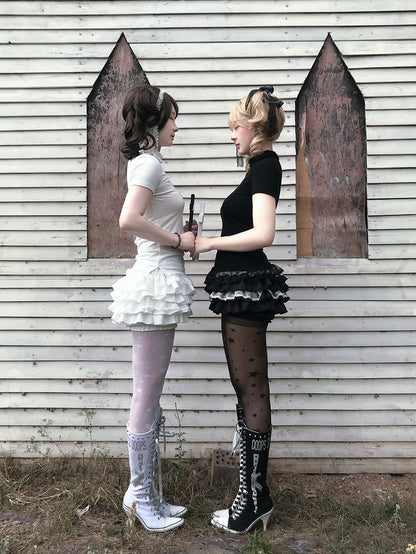 Gothic Black/White Elastic Waist Tiered Cross Lace Trim Bloomers Skort