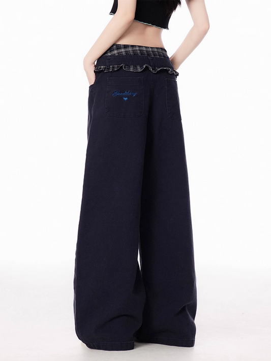 Plaid Patchwork Waist Black Low Rise Wide-leg Jeans