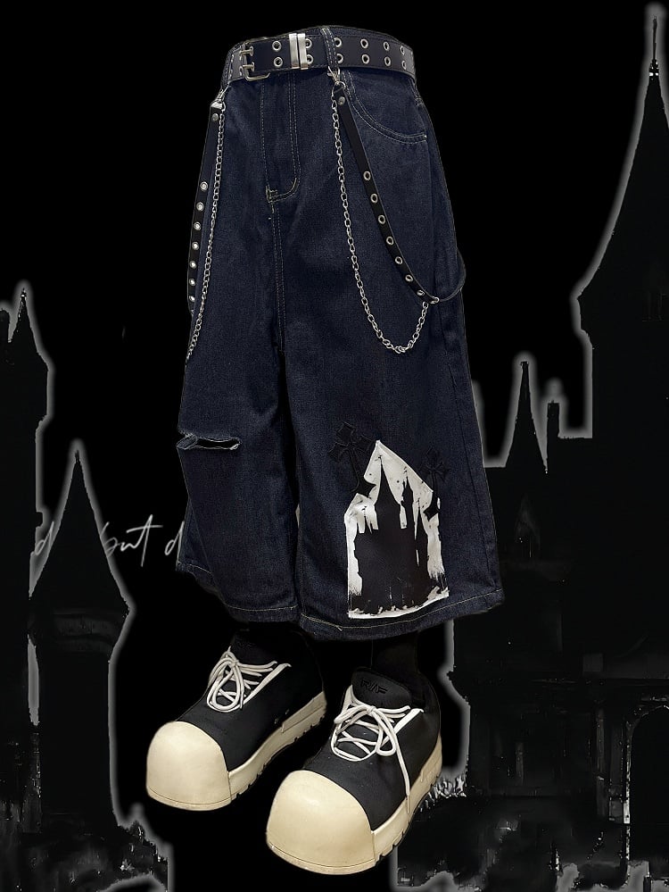 Dark Blue Y2K Cross Applique Distressed Holes Design Wide-Leg Cargo Shorts