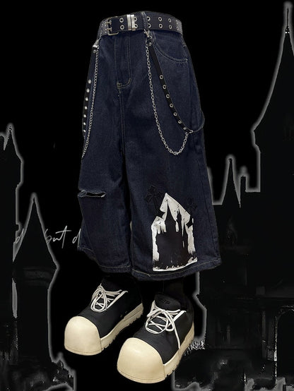 Dark Blue Y2K Cross Applique Distressed Holes Design Wide-Leg Cargo Shorts